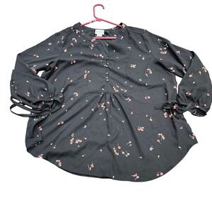 Liz Claiborne XL Black Floral Split Neck Long Sleeve Tie Cuff Blouse Top
